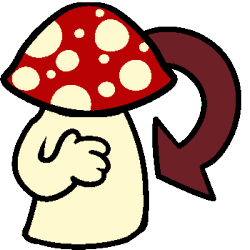 a figure with a red and white mushroom cap for a head, a hand on chest, and an arrow starting from and pointing to the figure.